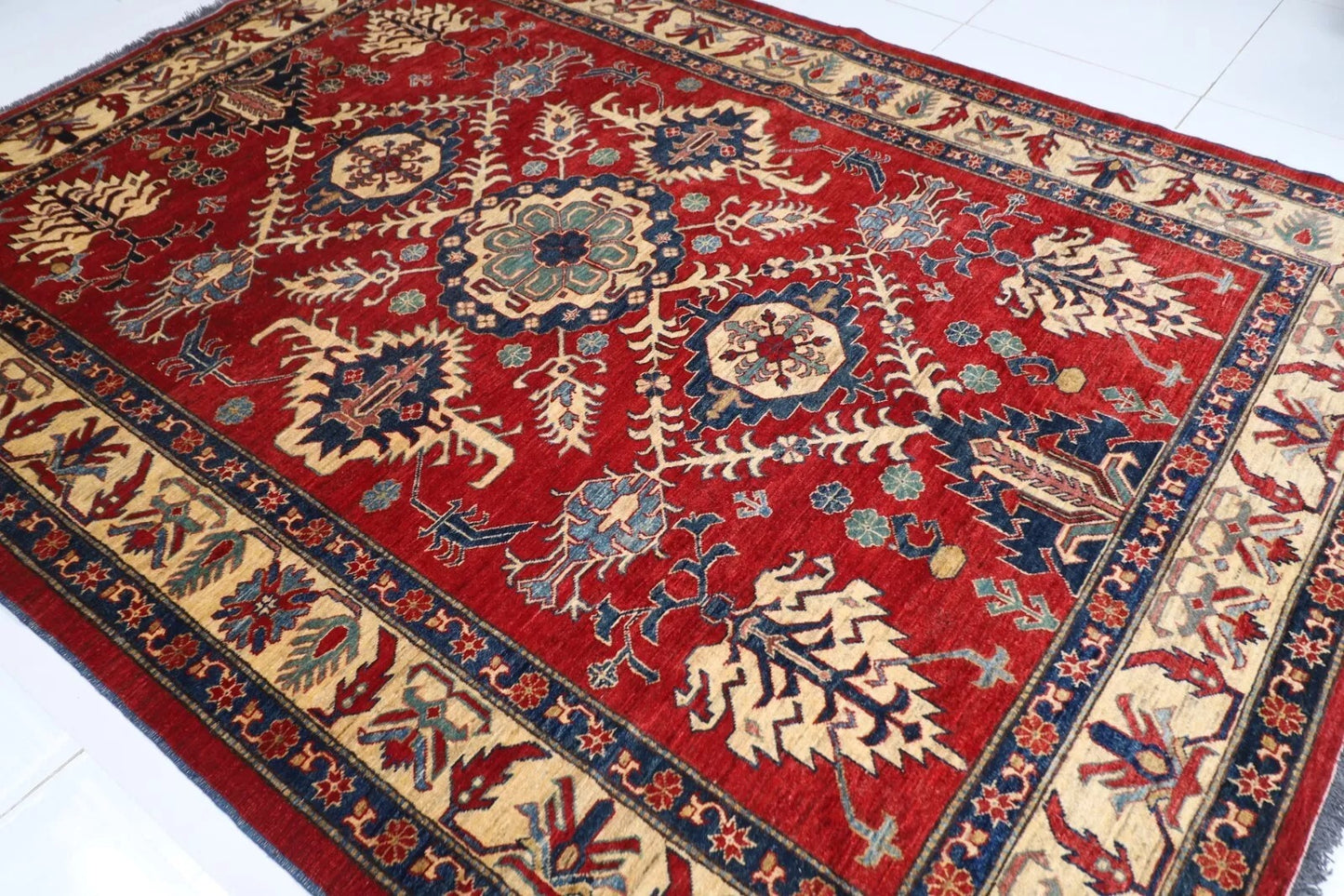 221 x 293 cm | Kazak Afghan Tribal Hand Knotted Carpet