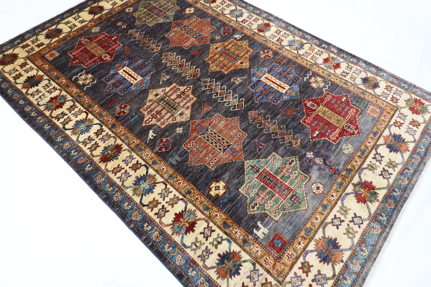 168 x 241 cm | Kazak Afghan Tribal Hand Knotted Veg Dye Wool Carpet