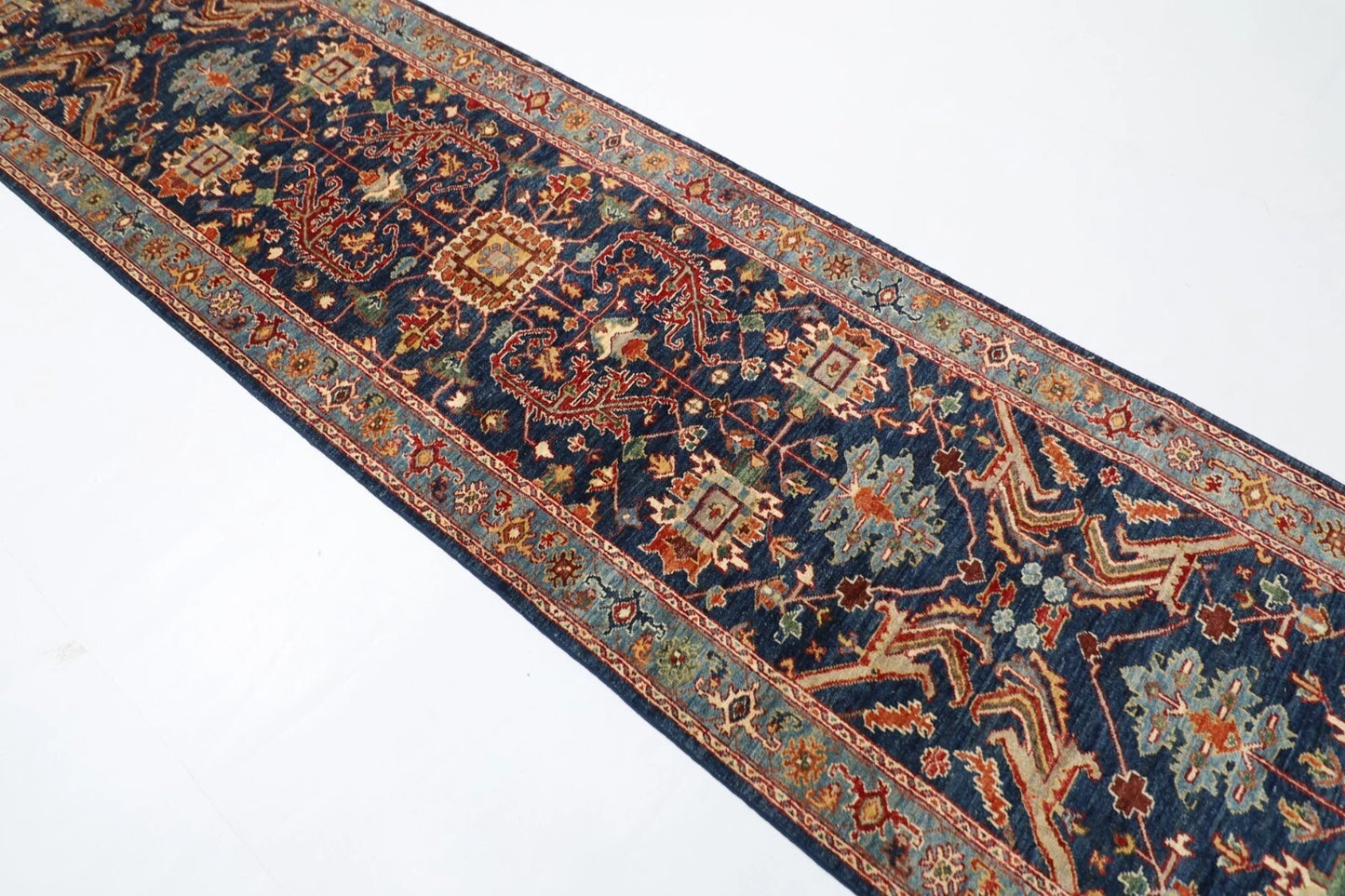 92 x 353 cm | Navy Afghan Tribal Hand Knotted Wool Runner