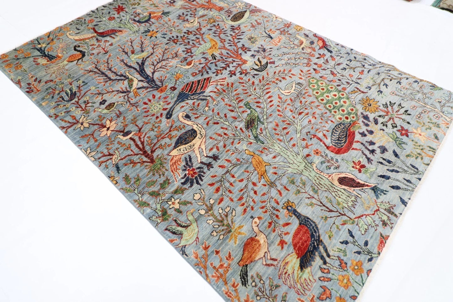 188 x 266 cm |  Birds Gray Afghan Tribal Hand Knotted Veg Dye Wool carpet