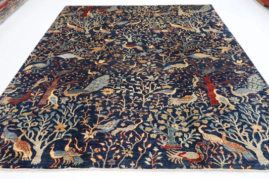 252 x 295 cm | Birds Navy Afghan Tribal Hand Knotted Carpet