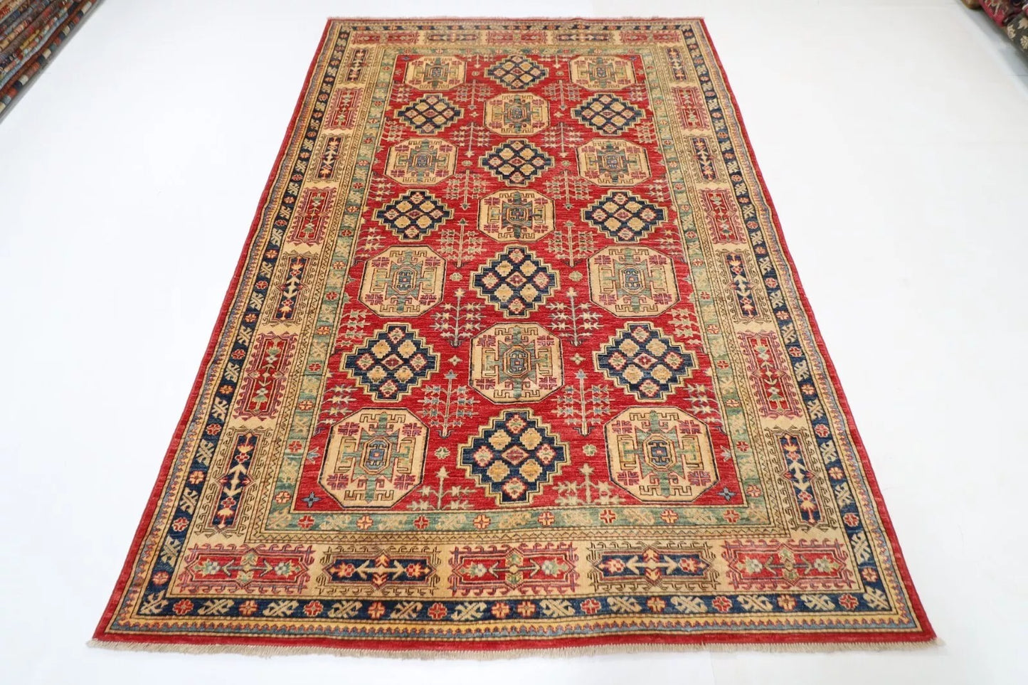 172 x 253 cm | Kazak Afghan Tribal Hand Knotted Veg Dye Wool Carpet
