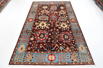 182 x 275 cm | Floral Brown Afghan Tribal Hand Knotted Veg Dye Wool Carpet