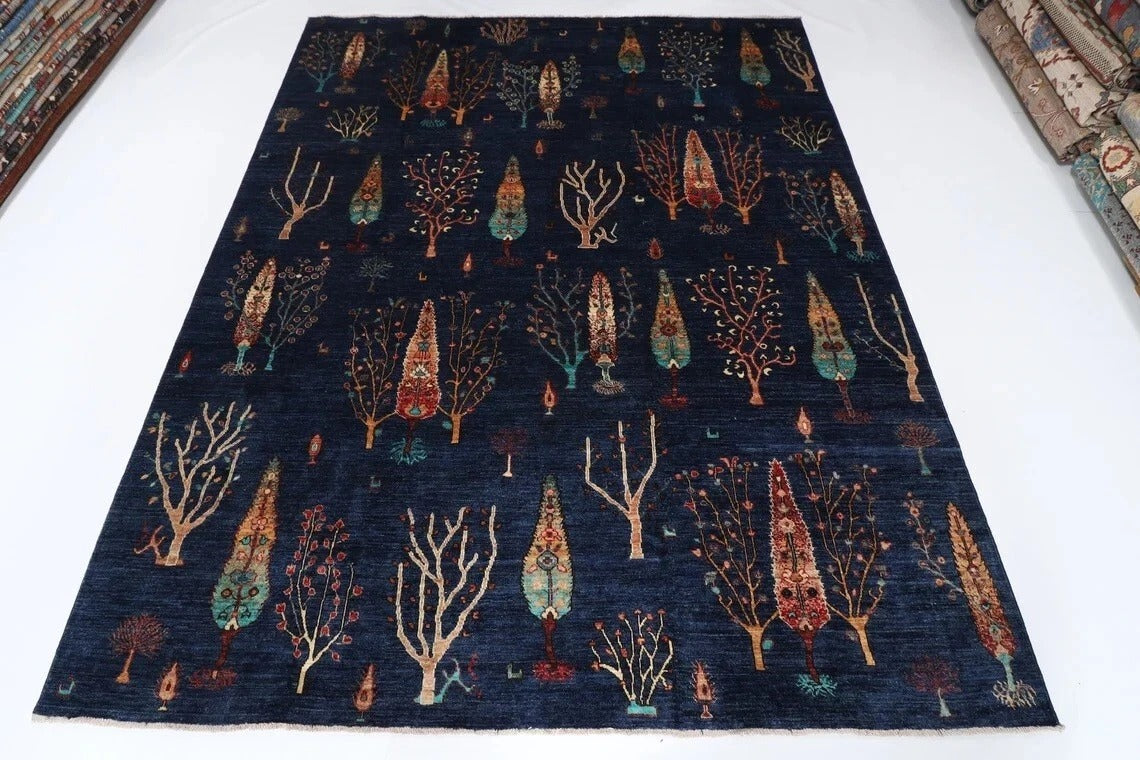 246 x 306 cm | Tree Navy Afghan Tribal Hand Knotted Carpet