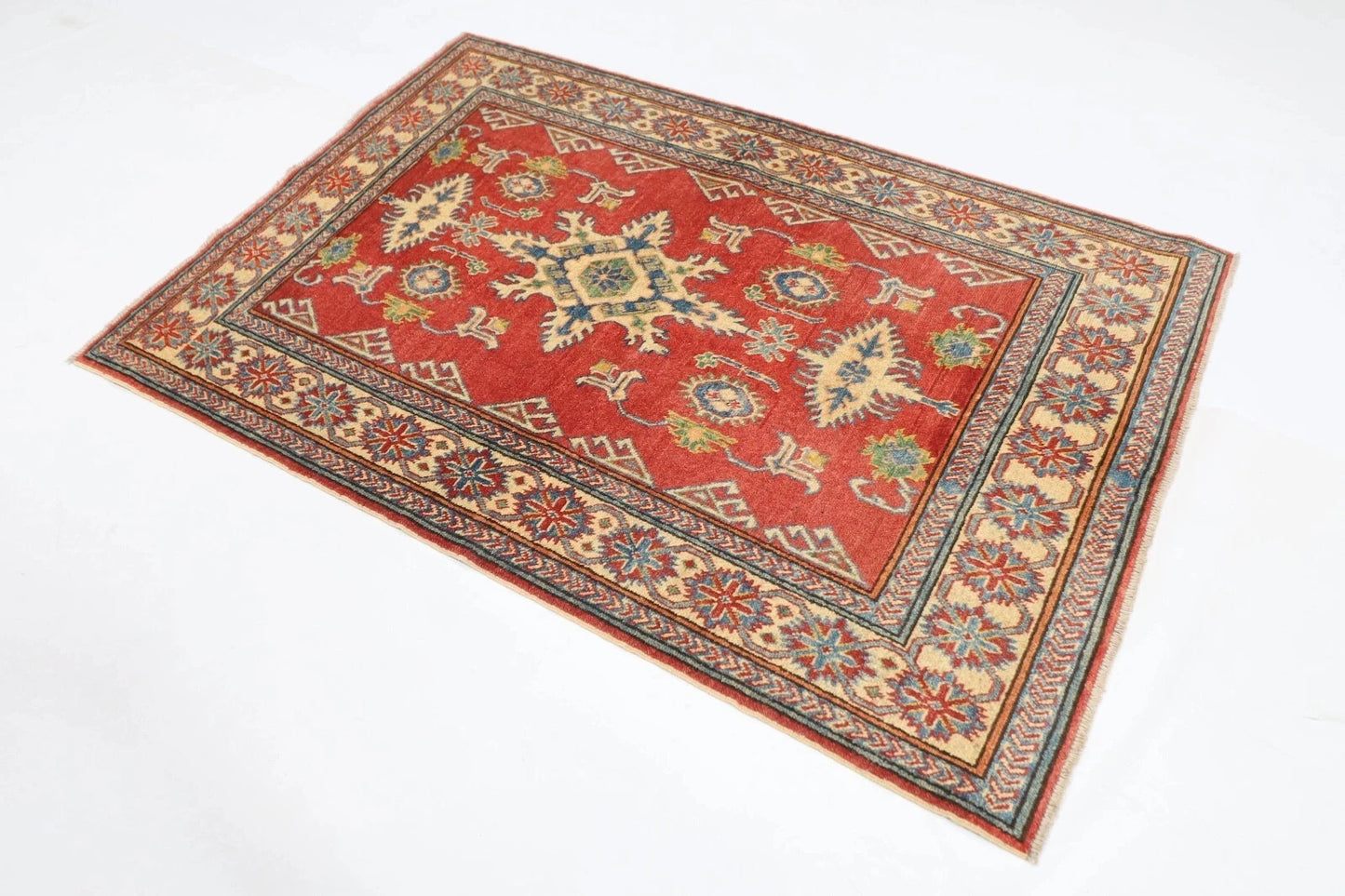 122 x 176 cm | Kazak Afghan Tribal Hand Knotted Veg Dye Wool carpet
