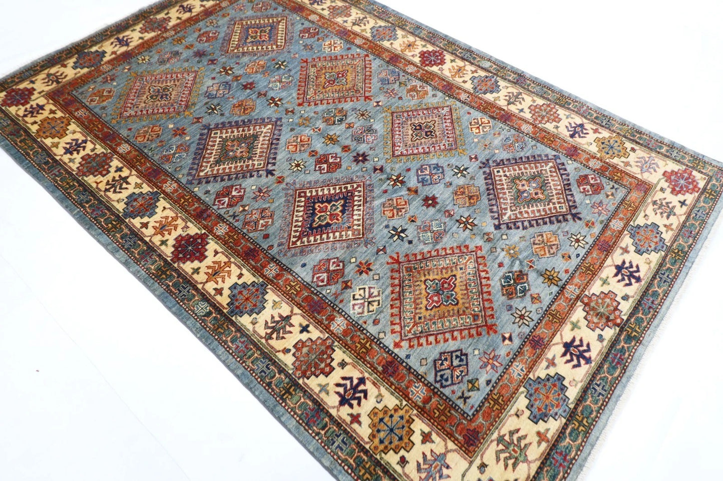 168 x 248 cm | Kazak Afghan Tribal Hand Knotted Veg Dye Wool Carpet