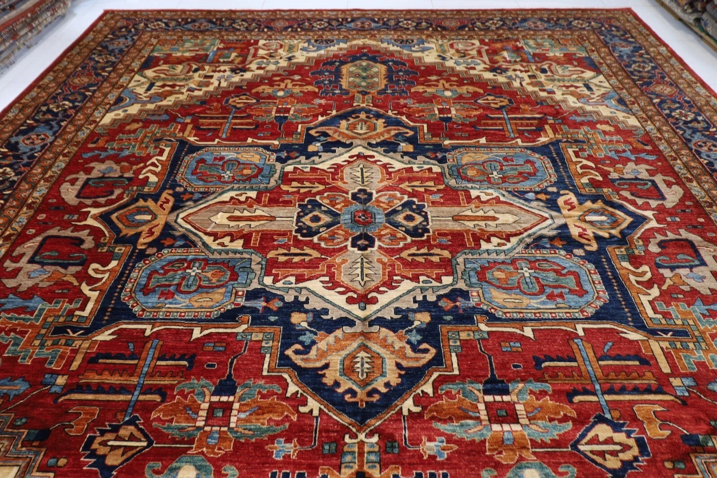 368 x 461 cm | Afghan Heriz Red Handmade Large Size Area Rug Hand Knotted Carpet Living Room Rug
