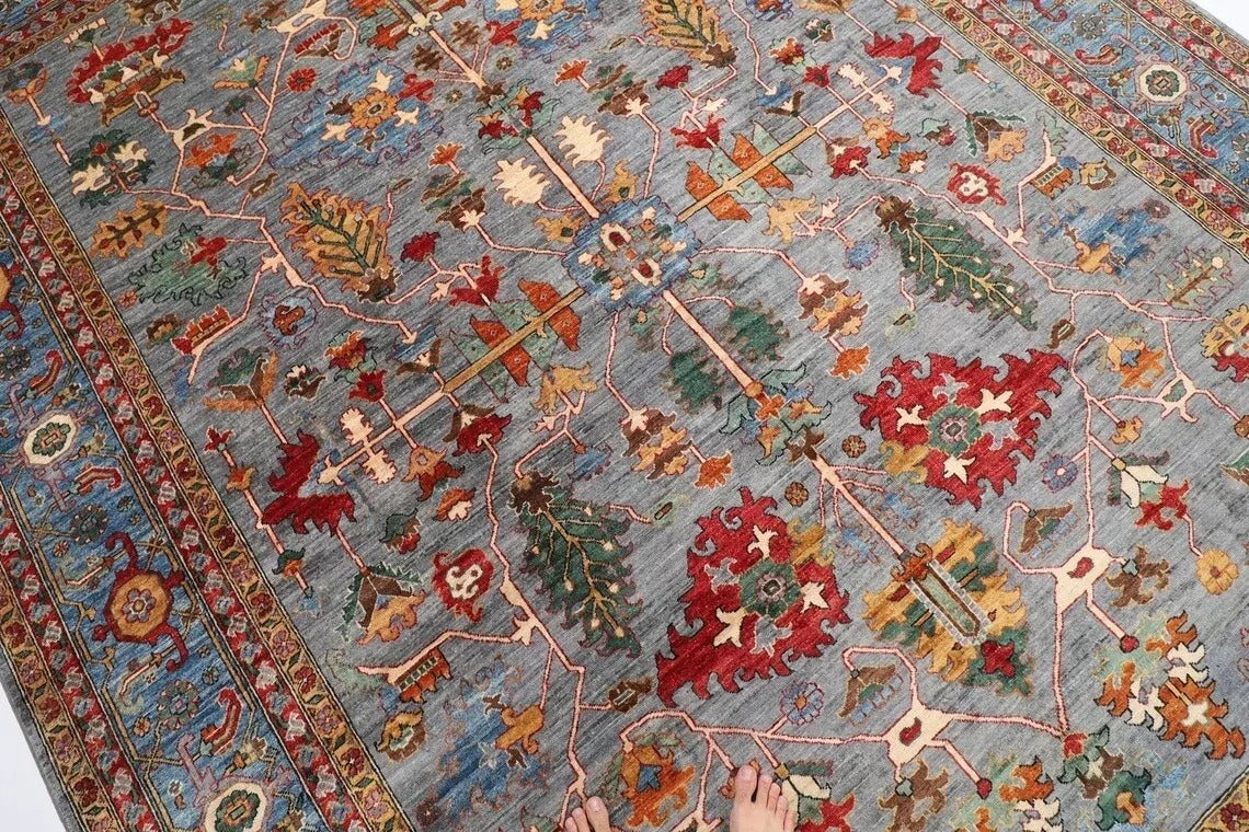 277 x 360 cm | Aryana Grey Afghan Tribal Hand Knotted Carpet