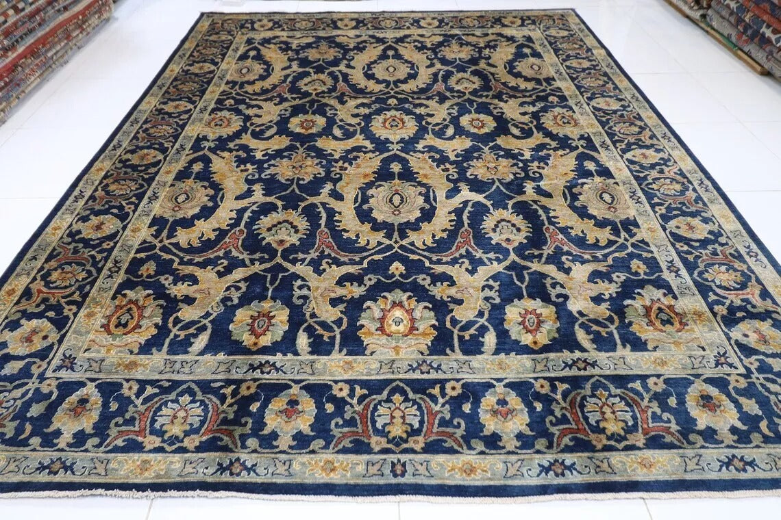 277 x 361 cm | Navy Oriental Afghan Tribal Hand Knotted Carpet
