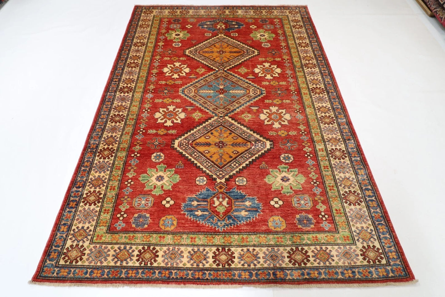 170 x 242 cm | Kazak Afghan Tribal Hand Knotted Veg Dye Wool Carpet
