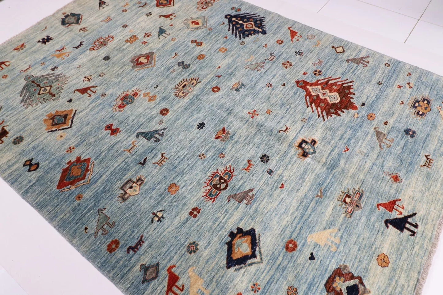 190 x 268 cm | Gabbeh Animal Blue Afghan Tribal Hand Knotted Veg Dye Wool Carpet