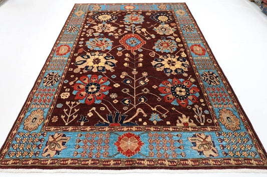 185 x 280 cm | Floral Brown Afghan Tribal Hand Knotted Veg Dye Wool Carpet