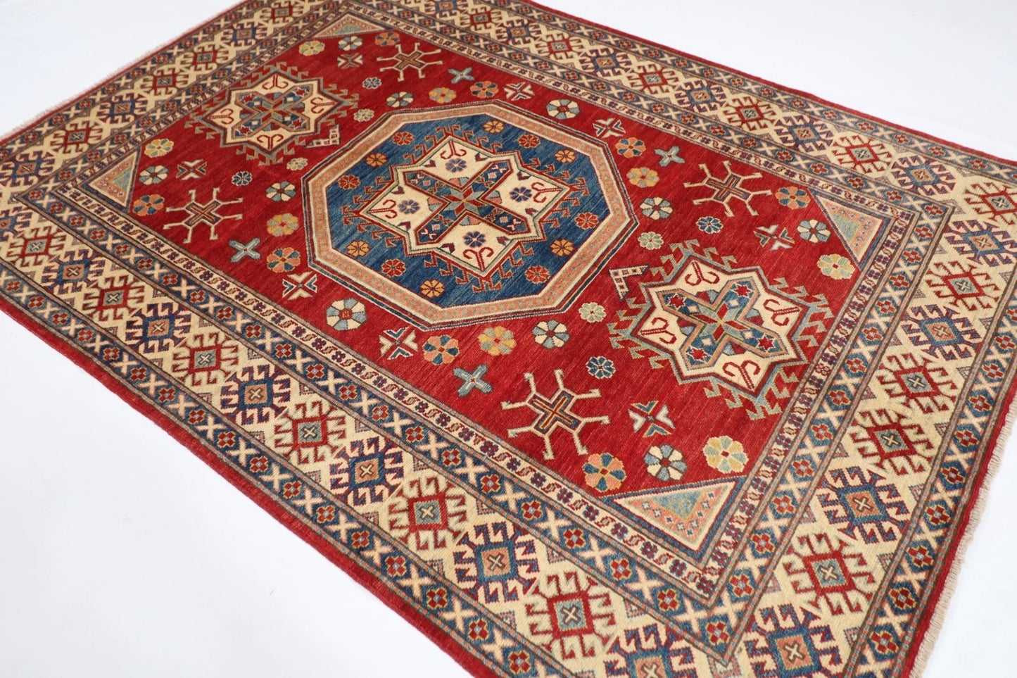 177 x 248 cm | Kazak Afghan Tribal Hand Knotted Veg Dye Wool Carpet