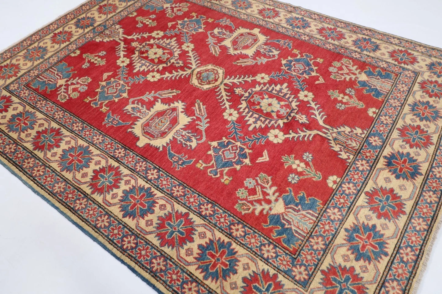 195 x 253 cm | Kazak Afghan Tribal Hand Knotted Veg Dye Wool Carpet