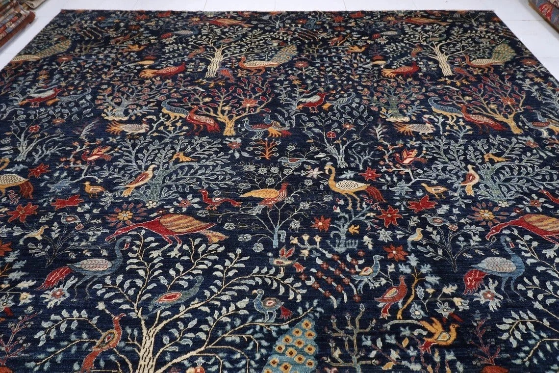 361 x 460 cm | Birds Navy Blue Handmade Large Size Afghan Area Rug Hand Knotted Carpet Living Room Rug