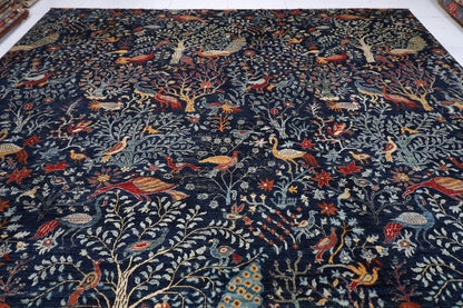 361 x 460 cm | Birds Navy Blue Handmade Large Size Afghan Area Rug Hand Knotted Carpet Living Room Rug