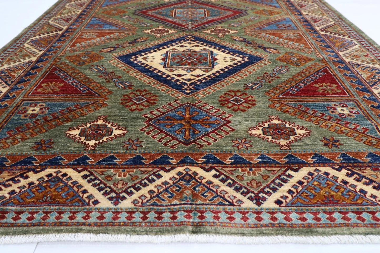 183 x 270 cm |  Kazak Green Afghan Tribal Hand Knotted Veg Dye Wool carpet