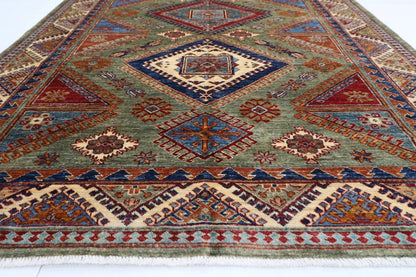 183 x 270 cm |  Kazak Green Afghan Tribal Hand Knotted Veg Dye Wool carpet