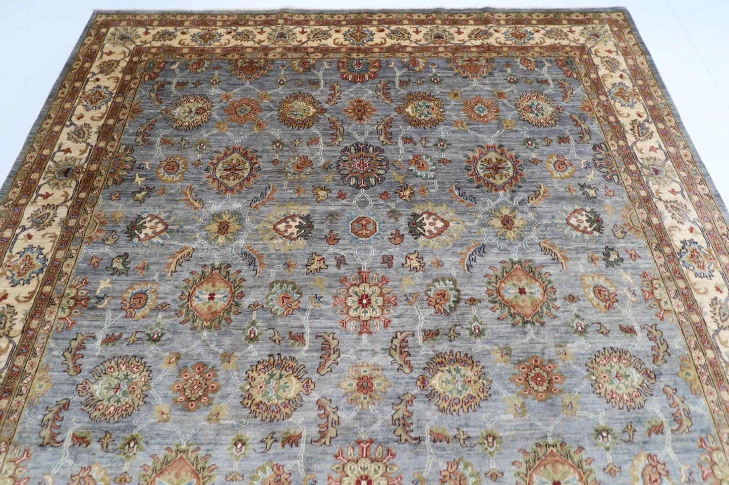 276 x 360 cm | Blueish Grey Afghan Tribal Hand Knotted Carpet