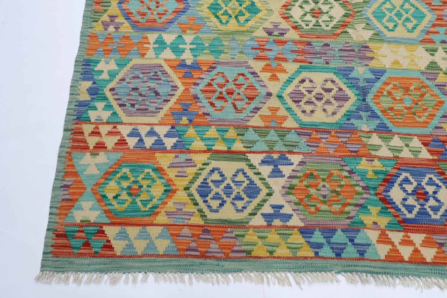 187 x 244 cm | Flat Weaved Afghan Tribal Hand Knotted Veg Dye Wool Carpet