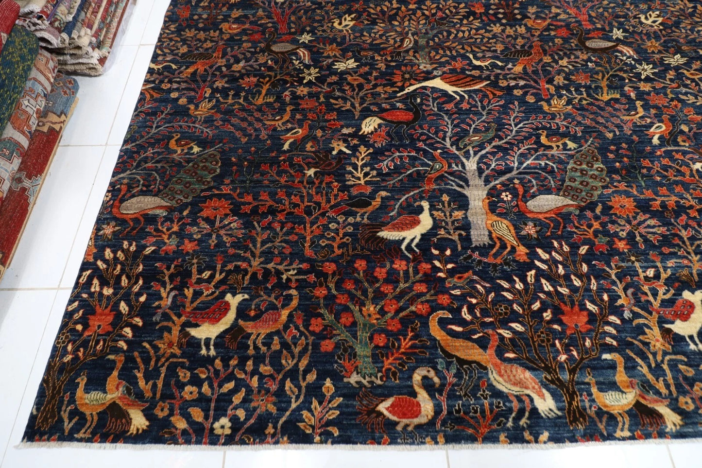 354 x 539 cm | Birds Navy Blue Handmade Large Size Afghan Area Rug Hand Knotted Carpet Living Room Rug