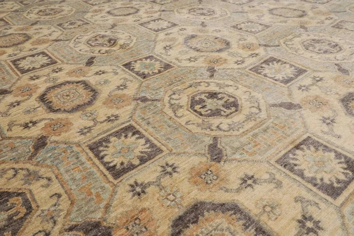 378 x 477 cm | Beige Afghan Handmade Large Size Area Rug Hand Knotted Carpet Living Room Rug