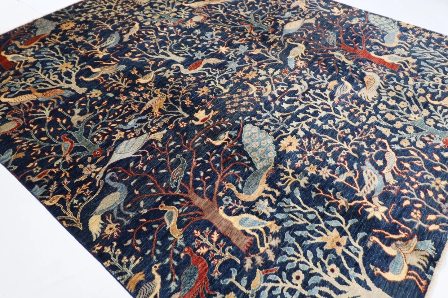 252 x 295 cm | Birds Navy Afghan Tribal Hand Knotted Carpet