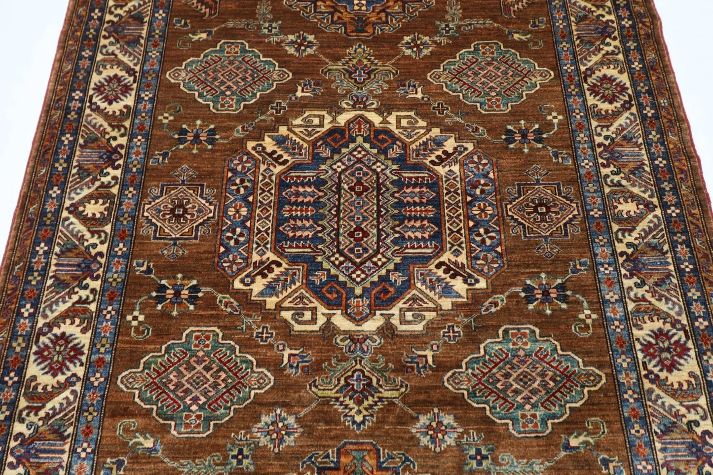 171 x 238 cm | Kazak Afghan Tribal Hand Knotted Veg Dye Wool Carpet caramel