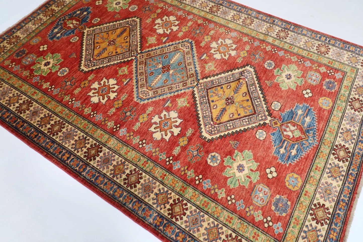 170 x 242 cm | Kazak Afghan Tribal Hand Knotted Veg Dye Wool Carpet