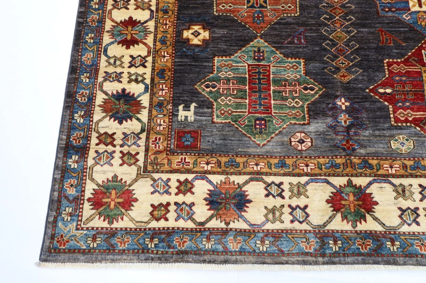 168 x 241 cm | Kazak Afghan Tribal Hand Knotted Veg Dye Wool Carpet