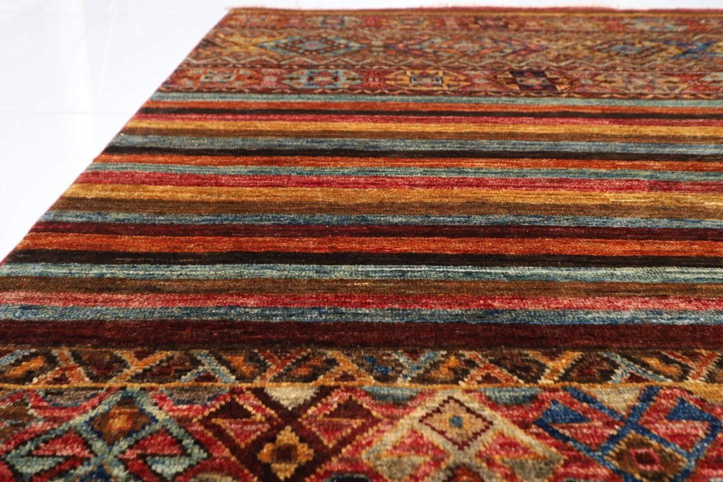 180 x 248 cm | Striped Afghan Tribal Hand Knotted Veg Dye Wool Carpet