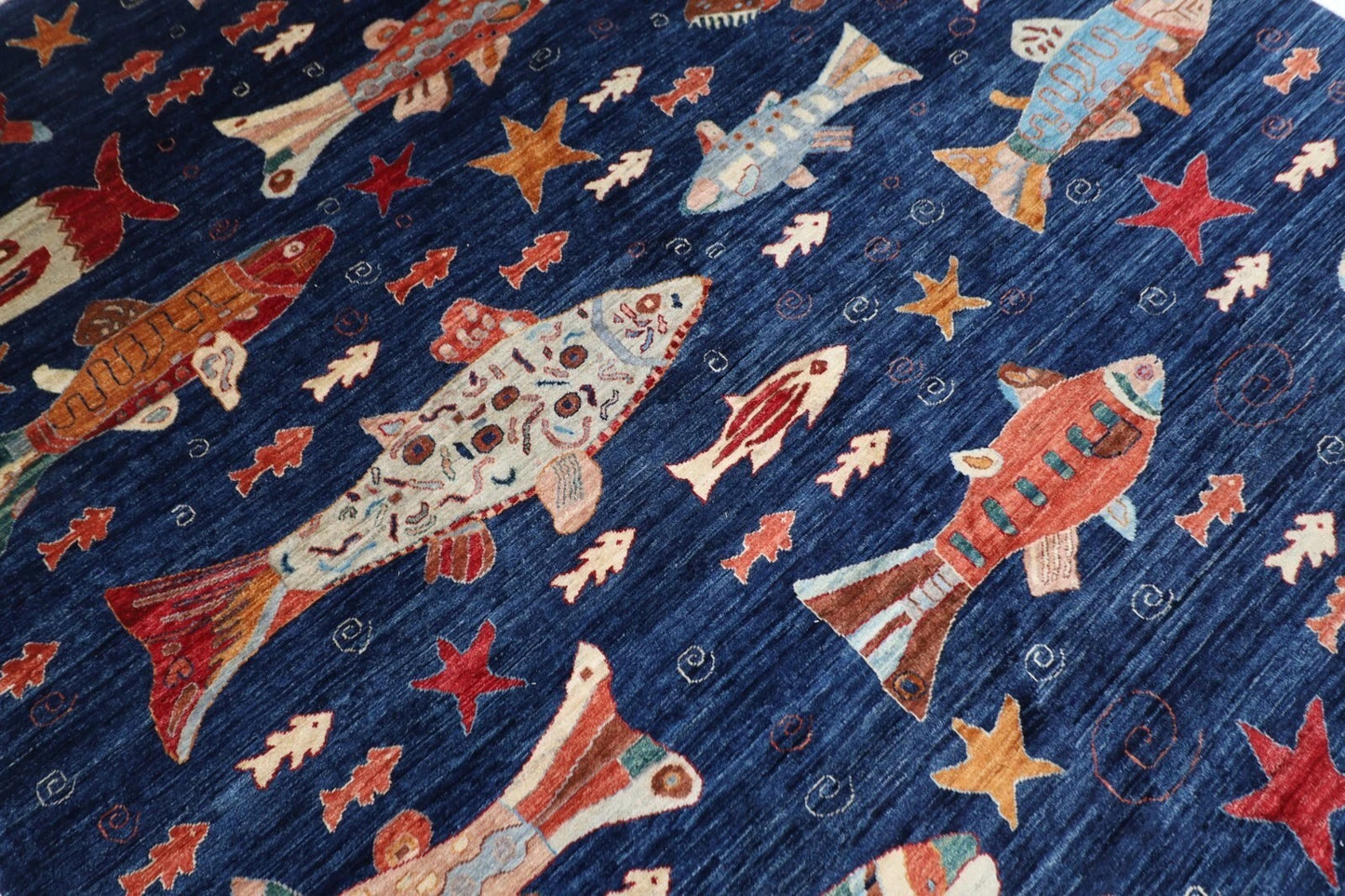 253 x 294 cm | Fish Party Afghan Tribal Hand Knotted Carpet
