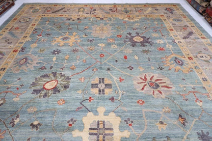 368 x 450 cm | Oushak Blue Handmade Large Size Afghan Area Rug Hand Knotted Carpet Living Room Rug
