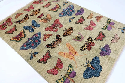 149 x 199 cm | Butterflies Afghan Tribal Hand Knotted Veg Dye Wool Carpet