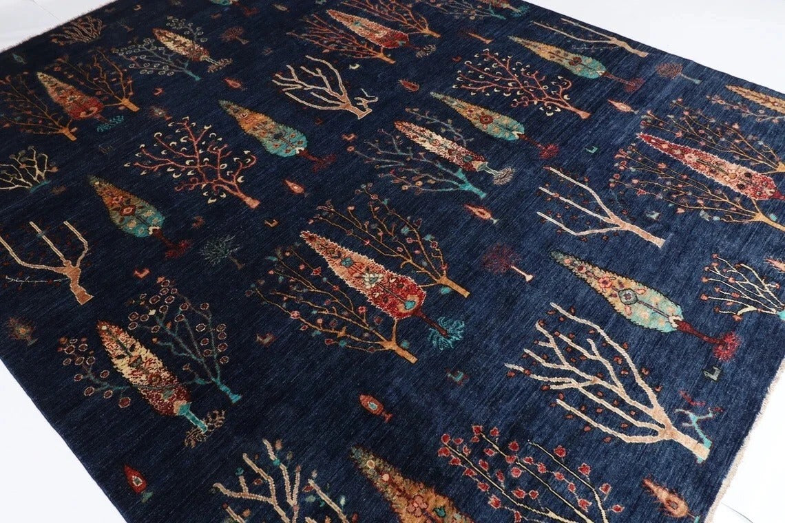 246 x 306 cm | Tree Navy Afghan Tribal Hand Knotted Carpet