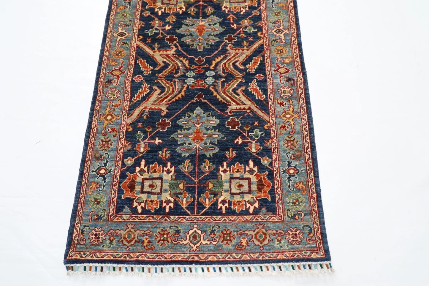 92 x 353 cm | Navy Afghan Tribal Hand Knotted Wool Runner