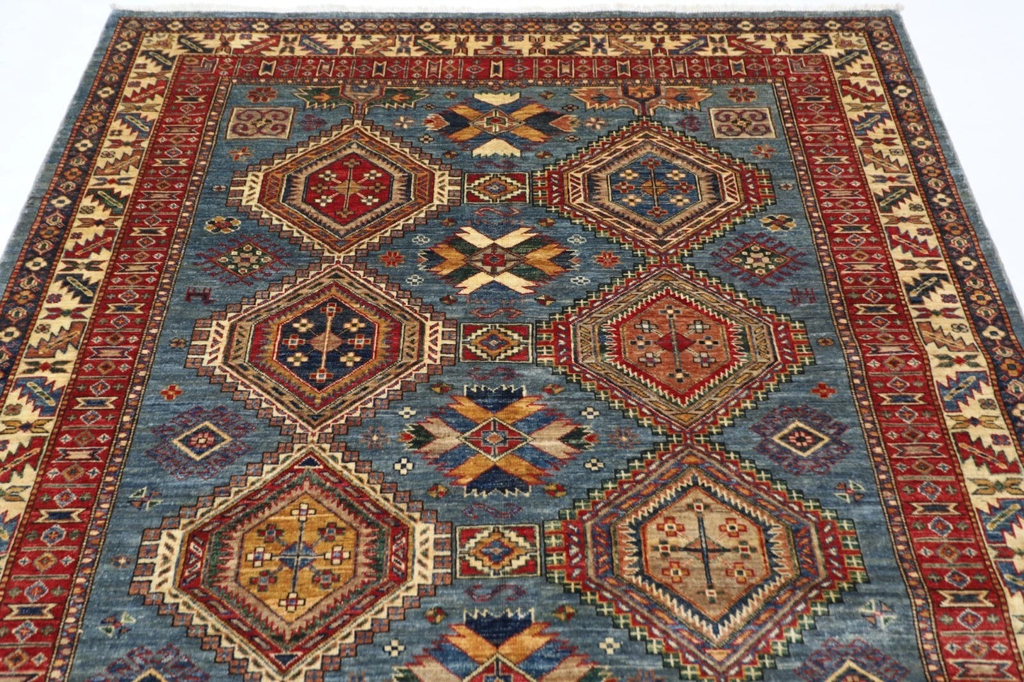 189 x 270 cm |  Kazak Blue Afghan Tribal Hand Knotted Veg Dye Wool carpet