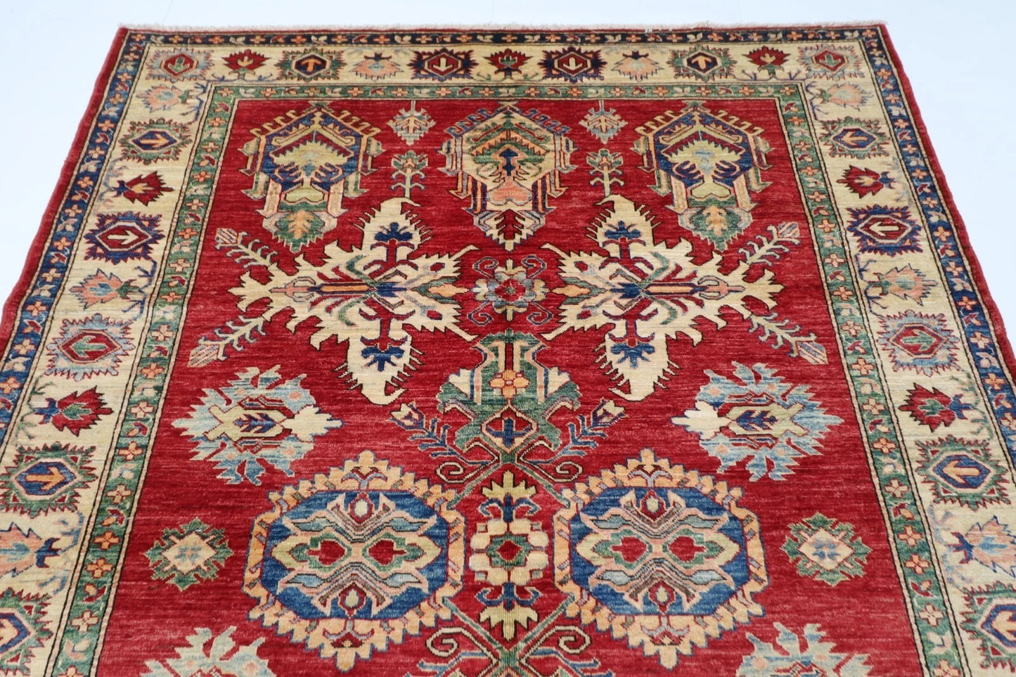183 x 248 cm | Kazak Afghan Tribal Hand Knotted Veg Dye Wool Carpet