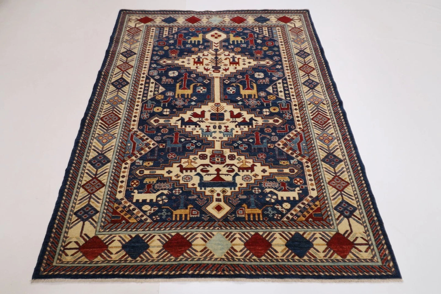 163 x 203 cm | Navy Afghan Tribal Hand Knotted Veg Dye Wool carpet