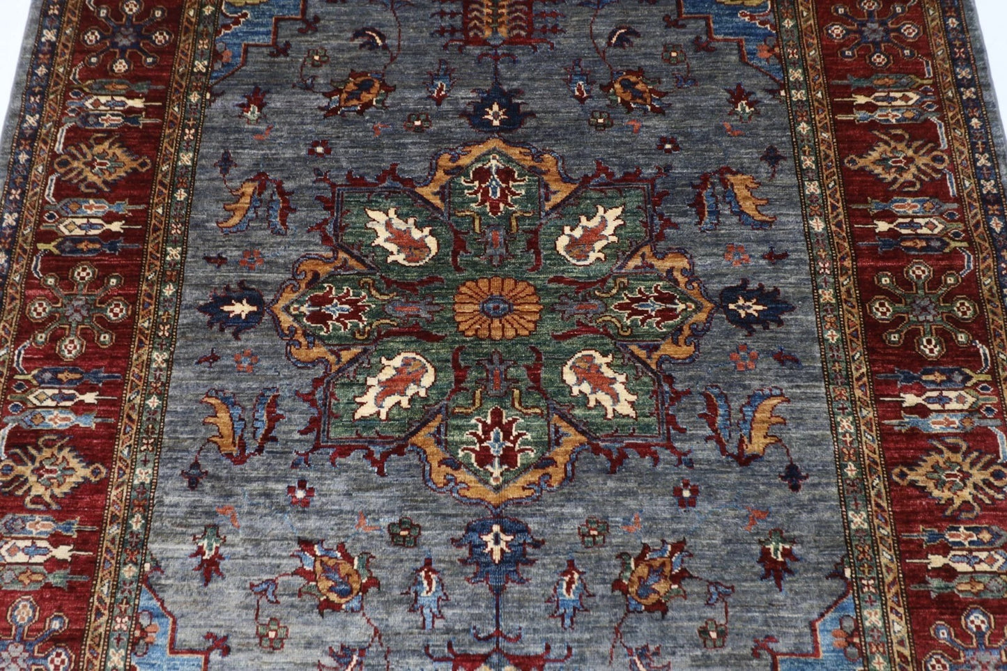 173 x 240 cm | Kazak Afghan Tribal Hand Knotted Veg Dye Wool Carpet Blueish Grey