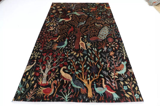 181 x 266 cm |  Birds Black Afghan Tribal Hand Knotted Veg Dye Wool carpet