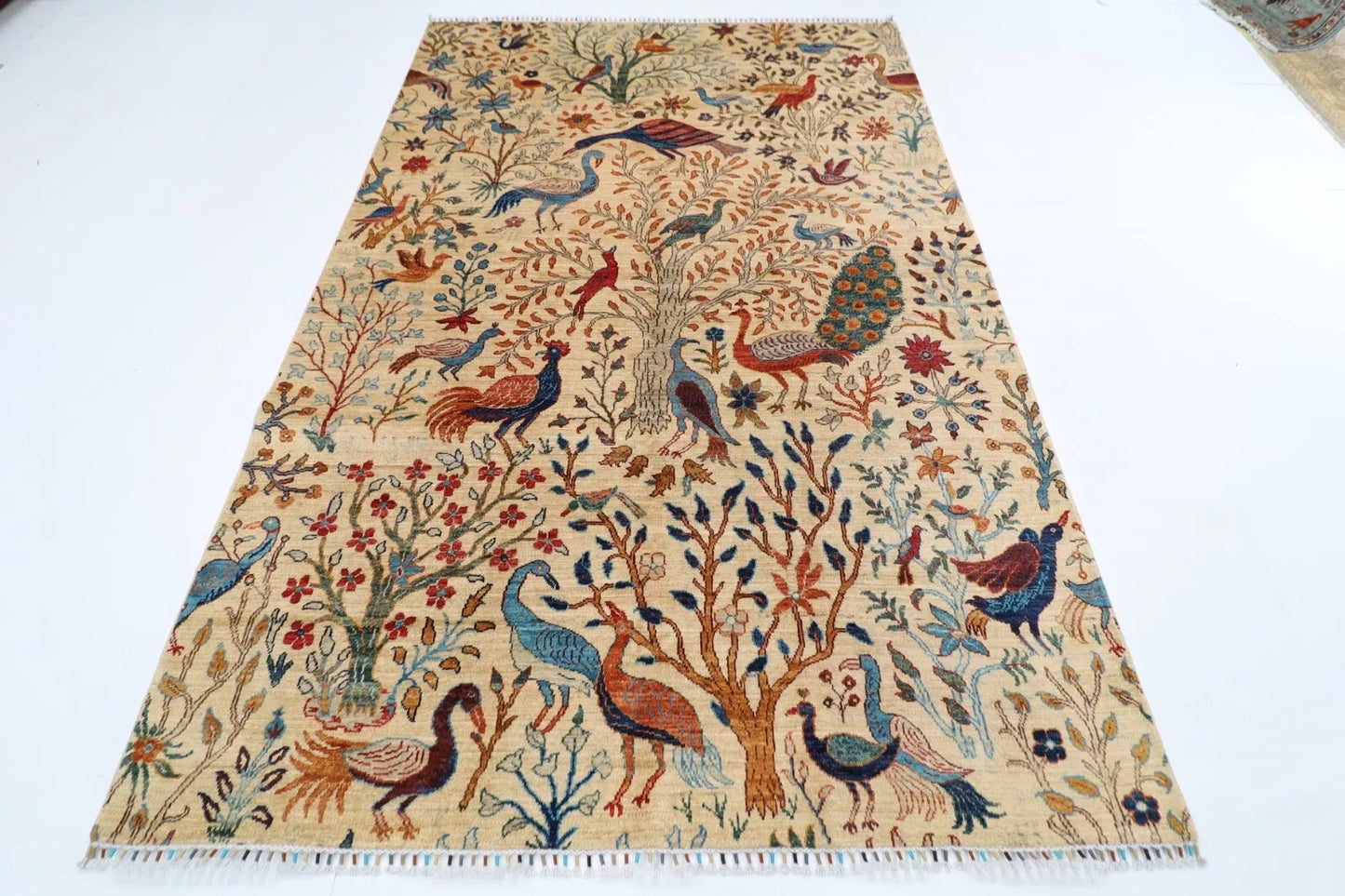 184 x 275 cm |  Birds Beige Afghan Tribal Hand Knotted Veg Dye Wool carpet