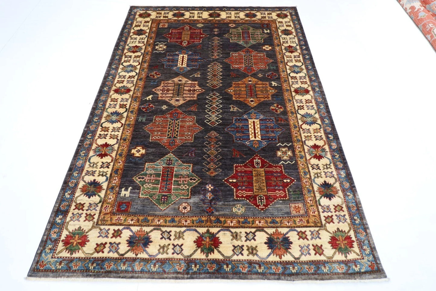 168 x 241 cm | Kazak Afghan Tribal Hand Knotted Veg Dye Wool Carpet