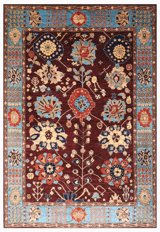 185 x 280 cm | Floral Brown Afghan Tribal Hand Knotted Veg Dye Wool Carpet