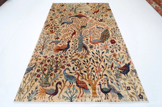 183 x 275 cm |  Birds Beige Afghan Tribal Hand Knotted Veg Dye Wool carpet