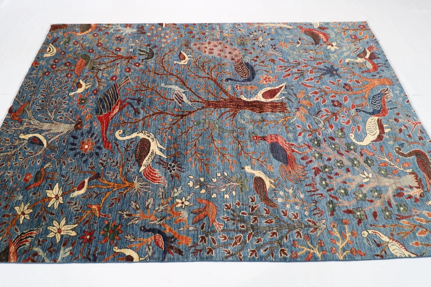 180 x 275 cm |  Birds Blue Afghan Tribal Hand Knotted Veg Dye Wool carpet