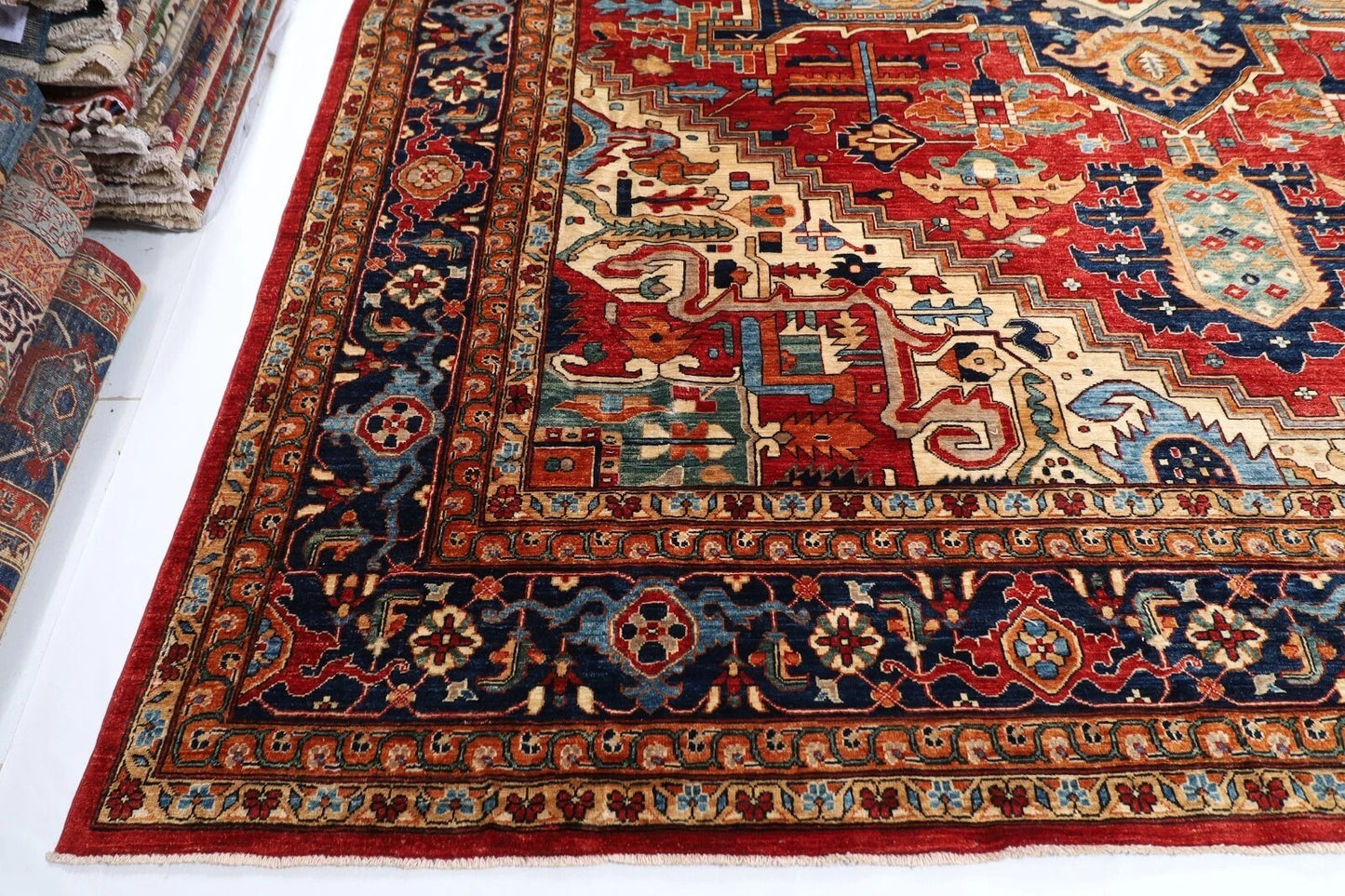 368 x 461 cm | Afghan Heriz Red Handmade Large Size Area Rug Hand Knotted Carpet Living Room Rug