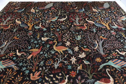363 x 436 cm | Birds Black Afghan Tribal Hand Knotted Carpet