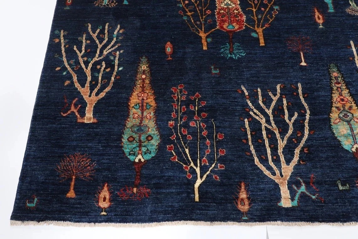 246 x 306 cm | Tree Navy Afghan Tribal Hand Knotted Carpet