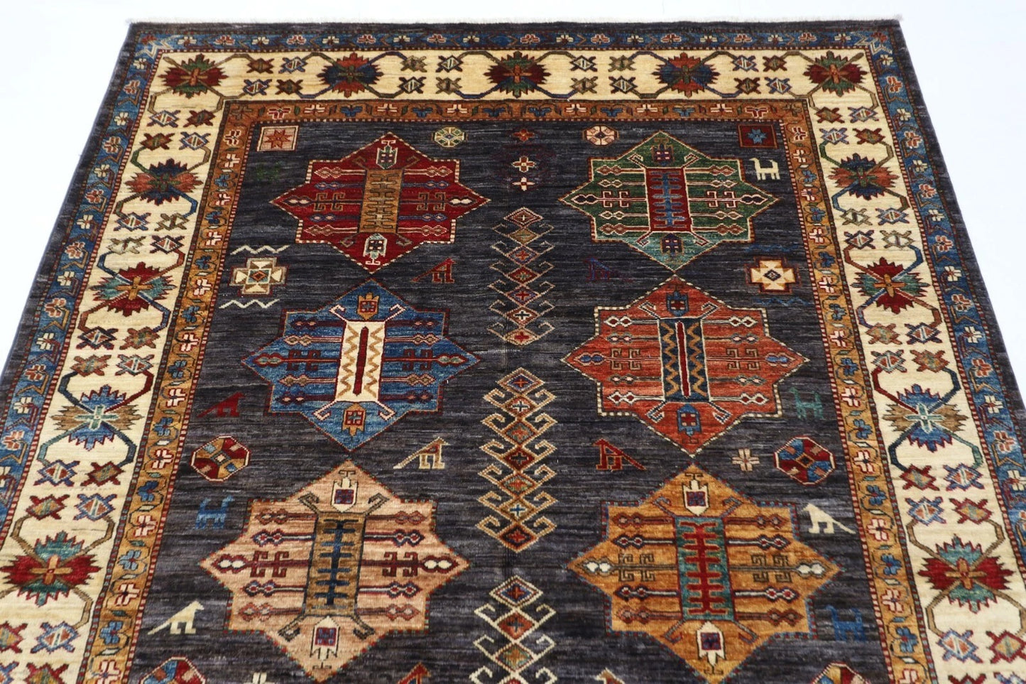 168 x 241 cm | Kazak Afghan Tribal Hand Knotted Veg Dye Wool Carpet
